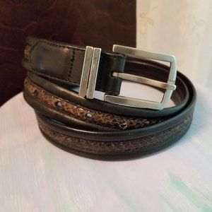 Brighton Men's Black & Brown Leather Belt, Silver Tone Buckle, Size 42 Reptile